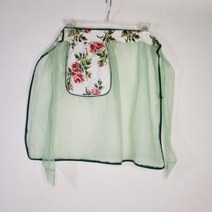 Vintage 1950s 60s Hostess Cocktail Half Apron Green Organza Floral Pocket Sheer